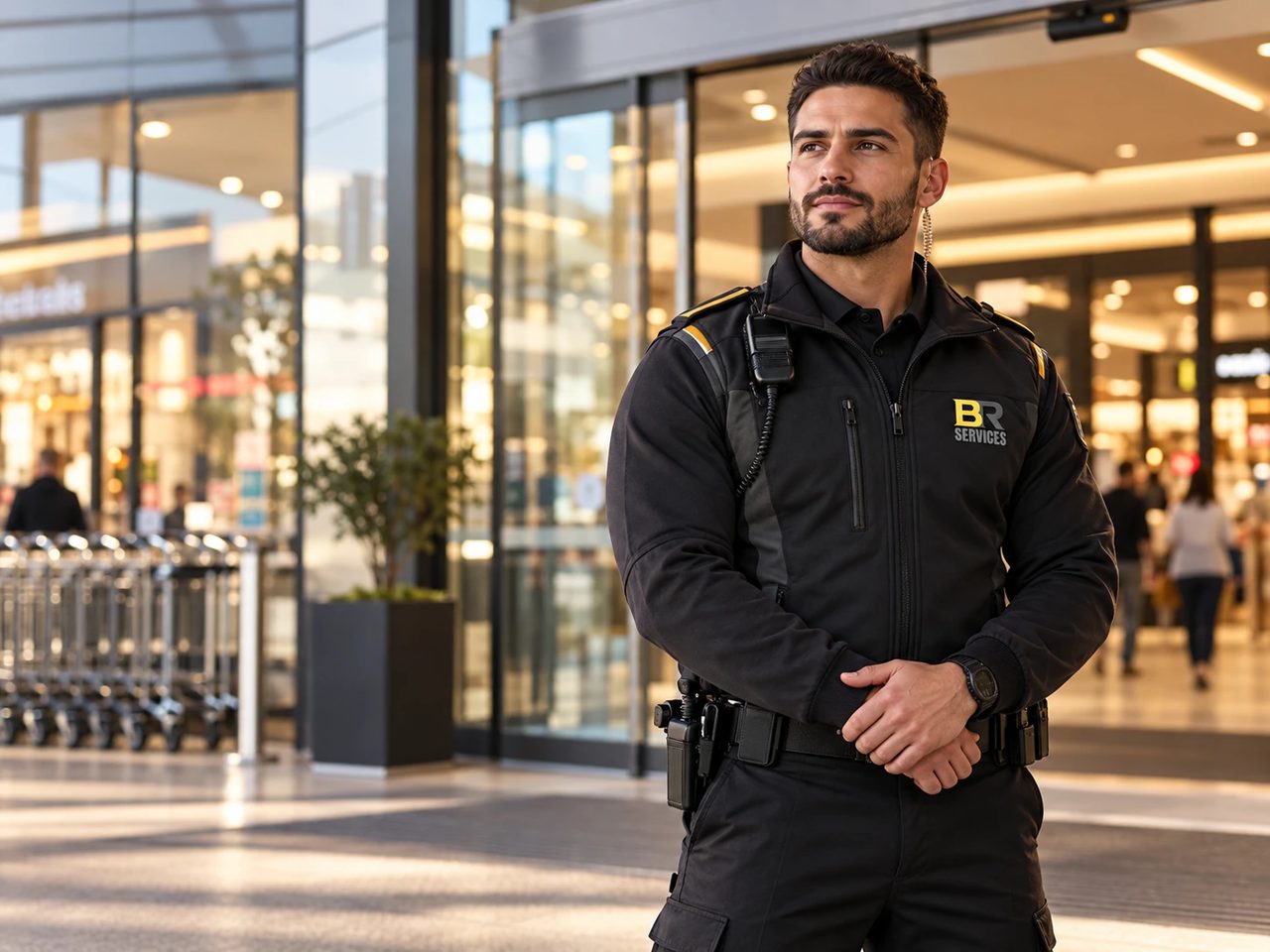 Security officer on duty at a shopping centre entrance
